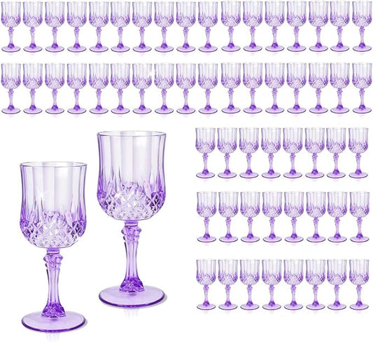 CHLJAR 7oz Plastic Vintage Drinking Glasses Wine Glasses Vintage Champagne Flutes Unbreakable Wedding Glassware Crystal Water Goblets Reusable Drinkware (Purple, 48 PCS)