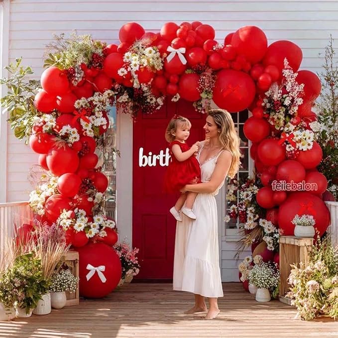 Double Stuffed Red Balloon with Bow, Matte Ruby Red Latex Balloon Arch Garland Kit in Different Sizes 5/12/18 in for Birthday Wedding Baby Shower Mothers Anniversary Bridal Shower Party Decorations