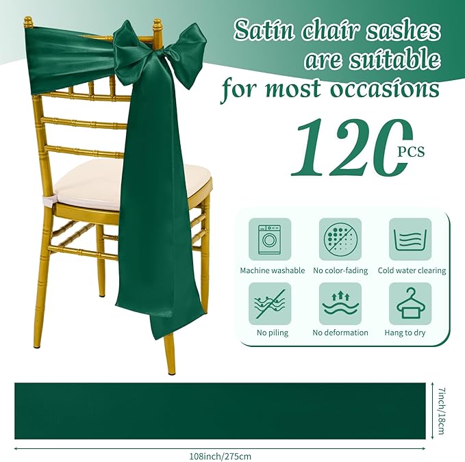 120 PCS Forest Green Chair Sashes, Ties Bows Designed Sashes for Washable Reusable Chair Covers Supplies for Wedding Reception Events Banquets Party Hotel Event Aisle Decorations (7 x 108 inch)