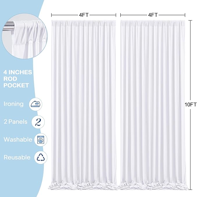 2 Panles White Backdrop Curtains - Wrinkle Free Fabric Backdrop Curtain for Photoshoot,10ft Wedding Party Photo Backdrop Drapes for Birthday Baby Shower Photography Stage Background Decorations