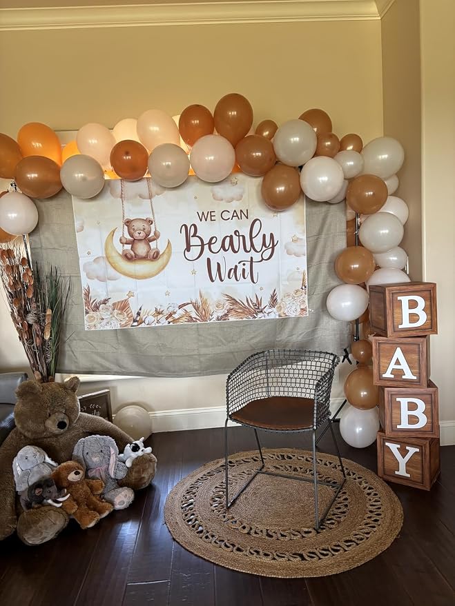 DataMoon Teddy Bear Baby Shower Party Decorations - Wood Grain Boxes with Baby Letters, 90PCS Nude and Brown Balloons, Boho Backdrop “We Can Bearly Wait” for BabyShower, Gender Reveal,Birthday Party