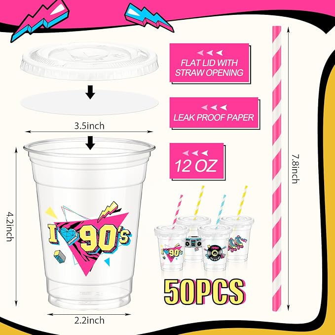 FoldTier 50 Pcs 90s Theme Party Decoration 90s Cups Disposable Plastic Cup 12 oz Go Back to Mug Thick Clear Mug with Lid Straw for Retro Music Supplies Dance Birthday Party