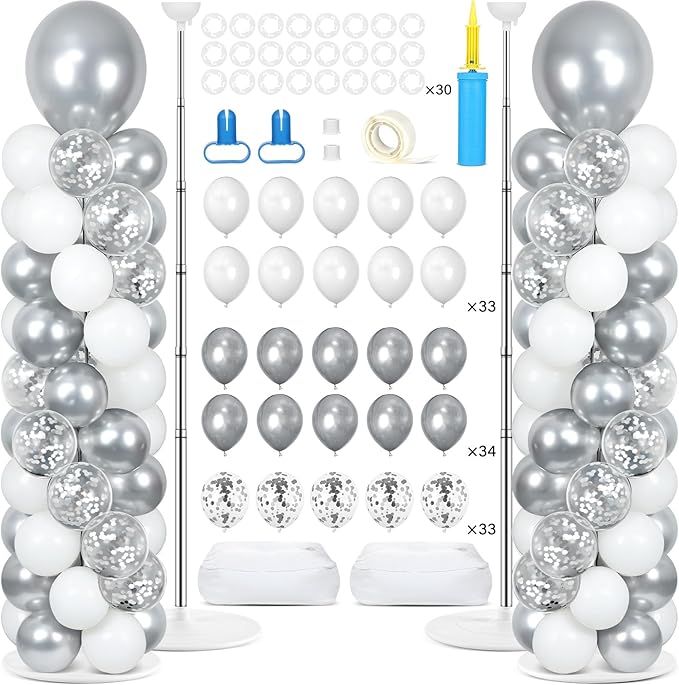 2 Sets Silver and White Balloon Column Stand Kit with 100 Balloons Silver Balloon Tower Stand with Bases for Floor Confetti Balloons Column Kit for Wedding Graduation Birthday Disco Prom Party Decor