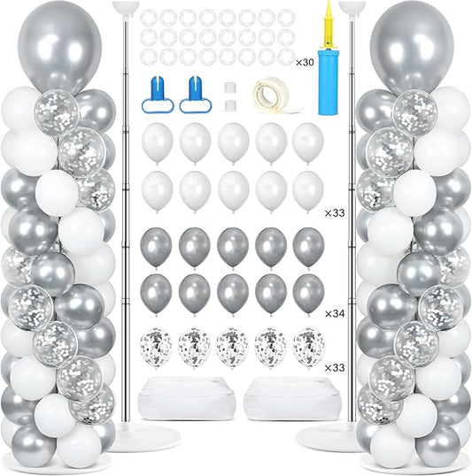2 Sets Silver and White Balloon Column Stand Kit with 100 Balloons Silver Balloon Tower Stand with Bases for Floor Confetti Balloons Column Kit for Wedding Graduation Birthday Disco Prom Party Decor