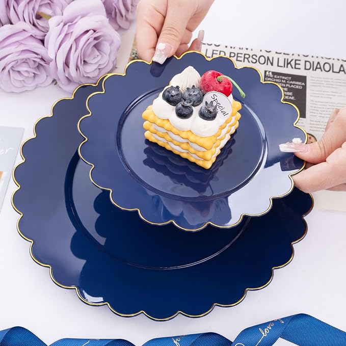 LIYH 60 Pcs Navy Blue Plastic Scalloped Plates with Gold Rim, Blue and Gold Disposable Patriotic Plates for Party Included 30 Dinner Plate 10.25 30 Dessert Plate 7.5 Inch for Party