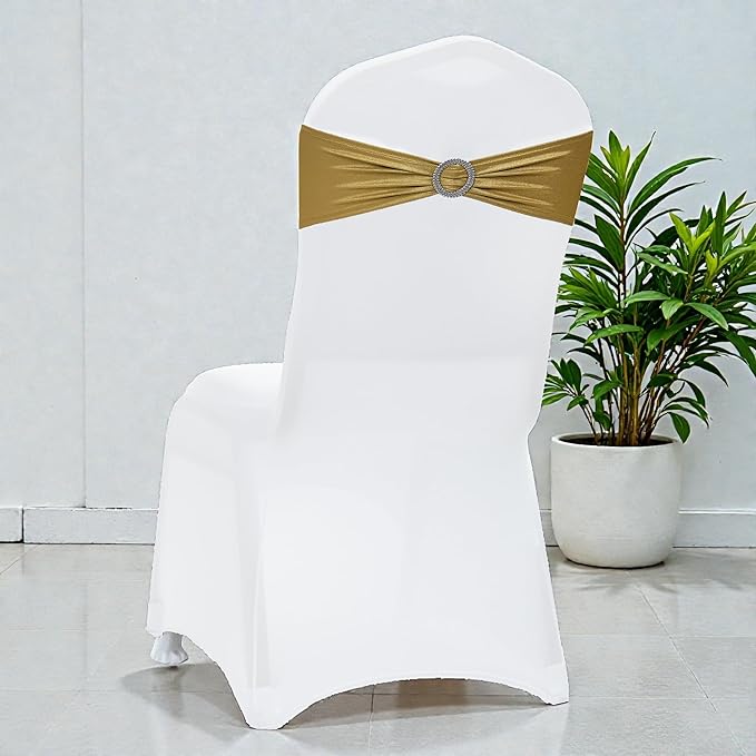 VDS - Gold Glitter | Spandex Chair Sashes Bows | 75 PCS | Stretch Elastic Banquet Universal Folding Chair Band Tie with Silver Buckle Slider for Wedding Party Conference Celebration Event Decoration