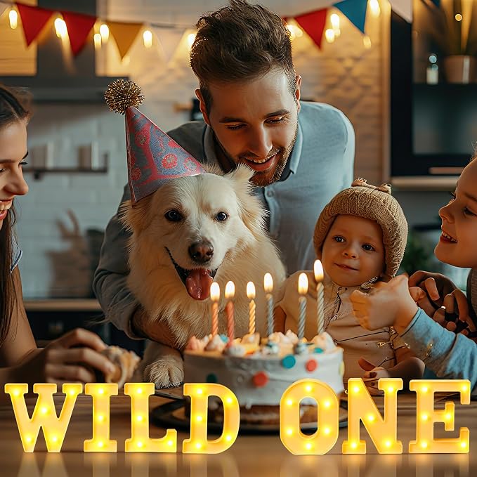 Honoson 7 Pcs Wild One Birthday Party Decorations Wild One Neon Light Sign, 1st Birthday Decorations for Boy or Girl, Warm Lights Decoration for Jungle Animals Theme Party Baby Shower Decoration