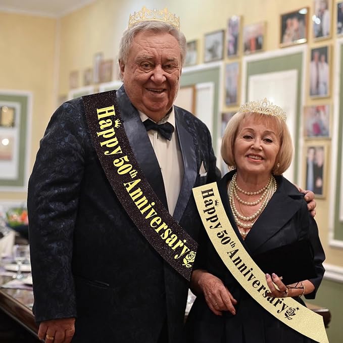 50th Anniversary Decorations Gold Crown and Glitter Sash Set 50th Wedding Anniversary Decorations Gifts for Couple Happy Anniversary Party Supplies for Couple