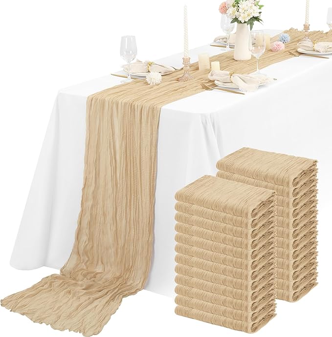 24 Packs Cheesecloth Table Runner Beige,10 Ft Rustic Gauze Boho Wedding Table Runner Decoration, Wedding Table Decor Table Cloth for Wedding Party Bridal Shower Table,21.5x120in