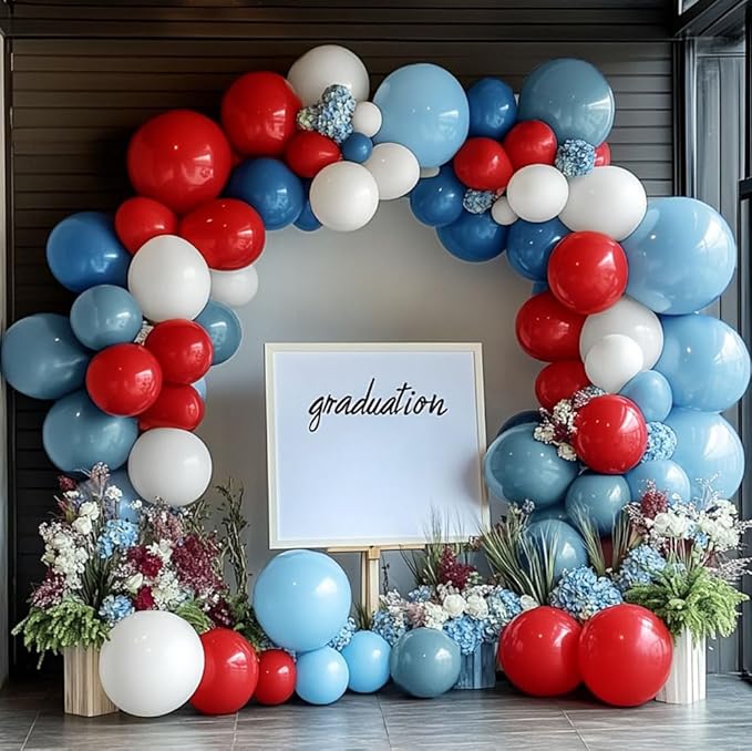Red Blue White Balloon Arch Double Stuffed Navy Royal Dusty Blue Ruby Red Balloon Garland Kit with Latex for Birthday Baseball Baby Shower Nautical Graduation Veterans Day Party Decoration
