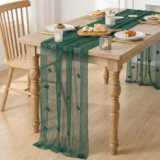 Artoid Mode Green Flower Pearl Green Gauze Table Runner 10FT, Seasonal Sheer Dining Holiday Wedding Birthday Baby Shower Table Decor for Home Party
