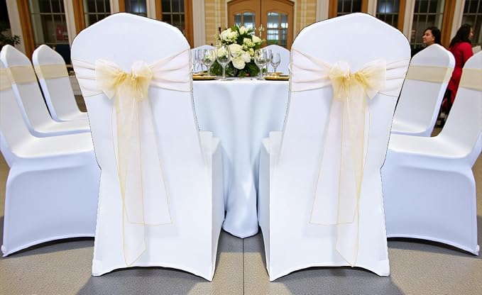 MDS® Pack of 150 Organza Chair Sashes for Wedding Decoration, Reusable Sheer Chair Bows for Banquet Chair Cover, Reception, Bridal Shower, Baby Shower, Birthday Party & Special Events - Beige