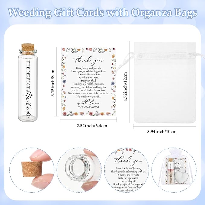 100 Sets Wedding Party Favors for Guests Bulk Including Heart Shaped Candles and Empty Matches Jars with Cork Top Thank You Cards and Organza Bags for Wedding Bridal Shower Party (Wildflower)