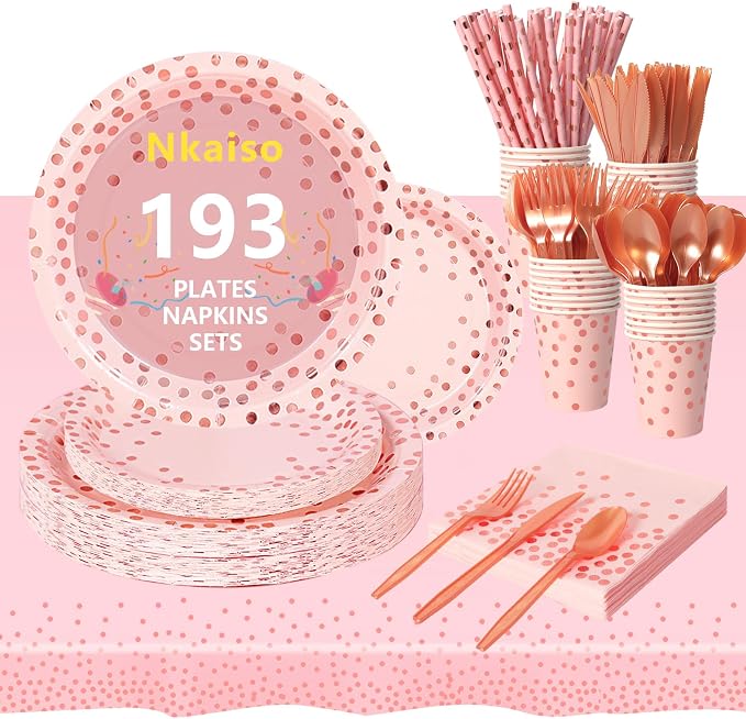 Nkaiso 193 Pcs Pink and Rosegold Paper Plates and Napkins Party Supplies Sets Include Pink Party Plate Cup Napkin Plastic Cutlery for Baby Shower, Wedding, Birthday Decoration -24 Guest