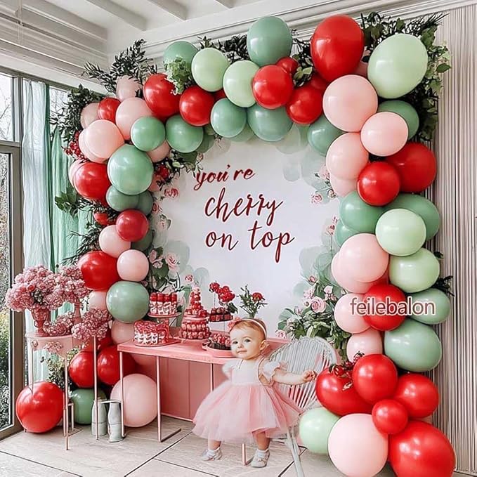 Red Pink Green Balloon Arch Double Stuffed Dusty Green, Ruby Red, Pastel Pink Balloon Garland Kit for Cherry on Top Birthday Mothers Day Baby Shower Wedding Summer Party Decoration