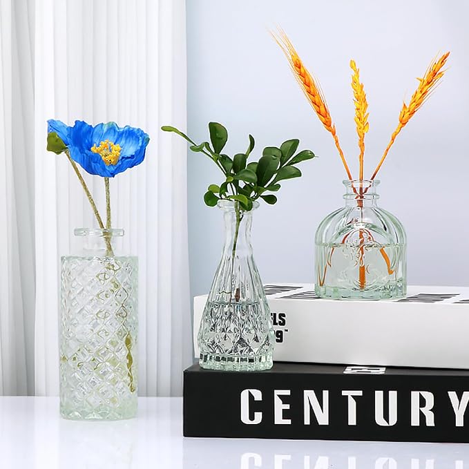 Clear Flower Vase Set, Glass Bud Vase in Bulk Set of 8,Artistic and Cultural Flavor Mini Vases for Home Office Decor, Bedroom, Office, Living Room Decorations,Wedding