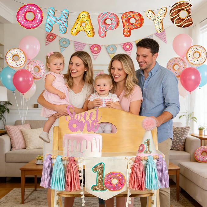 Donut Sweet One Birthday Party Decorations for Girl-Sweet One High Chair Banner Set with 1st Birthday Hat One Cake Topper