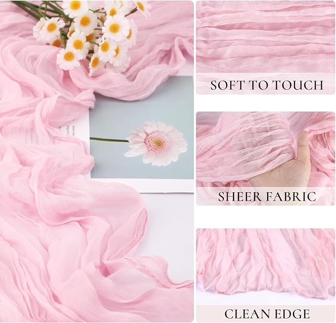 6 Pack Light Pink Table Runner Cheese Cloth Summer Rustic Sheer Gauze Cheesecloth Table Runner 120 Inch 10 FT for Wedding Baby Shower Bridal Shower Party Home Decorations