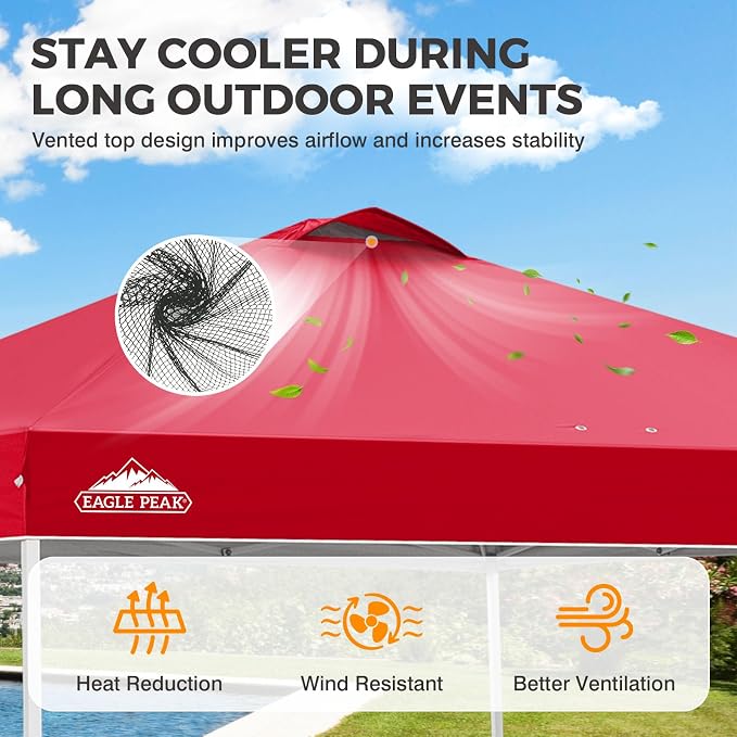 EAGLE PEAK Pop Up Canopy Tent with Wheeled Carry Bag, 8 Stakes, 4 Ropes, 4 Weight Bags, Easy Set Up Tent Canopy, 10x10 ft, 100sqft of Shade, Red