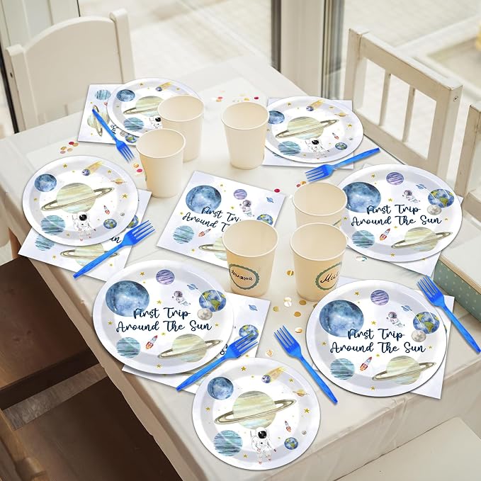96 PCS First Trip Around The Sun Birthday Party Decorations Outer Space Themed Decorations 1st Space Birthday Dinner Paper Plates Boho Solar System Napkins Forks Sun Theme Party Favors Supplies