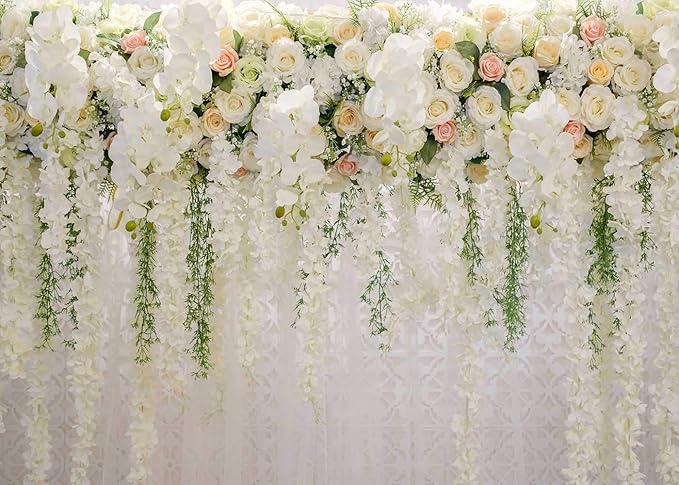 White Rose Floral Theme Photography Backdrops Bridal Shower Wedding Flowers Photo Background Baby Girl Birthday Party Portrait Dessert Cake Table Decor Photo Booth Studio Props 7x5ft