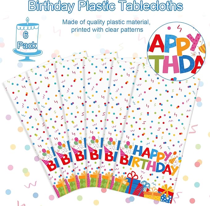 NatNarr 6 Pack Plastic Birthday Tablecloth, 54 x 108 Inch Disposable PE Happy Birthday Party Tablecloths Waterproof Rectangle Party Table Cover for Birthdays Parties Decor