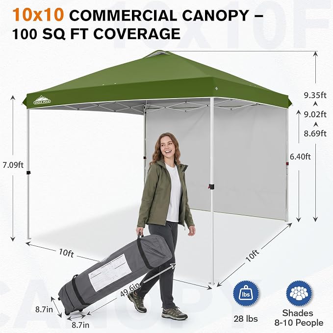 EAGLE PEAK Commercial Canopy 10x10 Pop Up Canopy Tent with 1 Sidewall, Easy Setup Heavy Duty Instant Event Shelter for Vendors & Markets, Outdoor Sun Shade, Grass Green