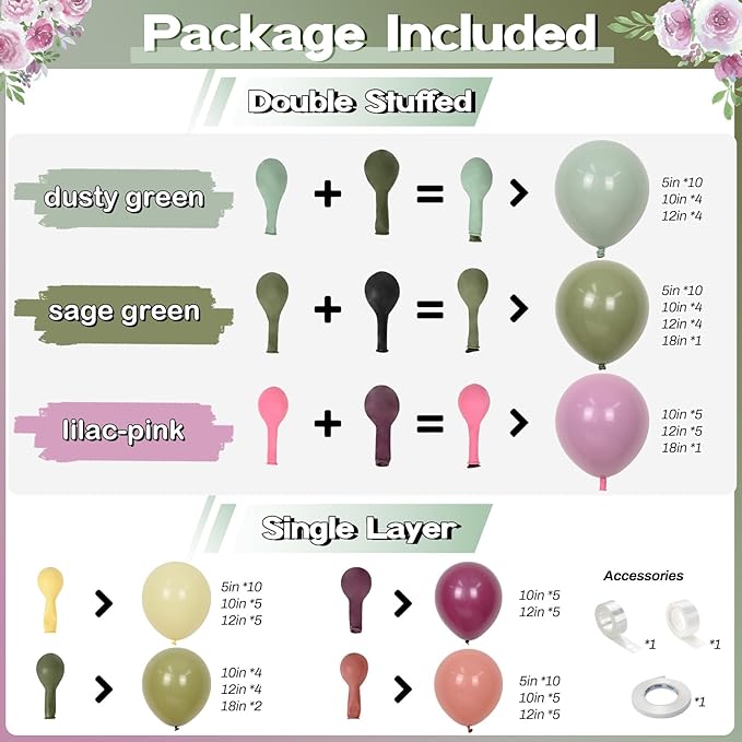 Pink and Green Balloons Arch Double Stuffed, Sage Olive Green Dusty Blush Pink Balloon Garland Yellow Plum Latex Balloon Different Sizes for Fairy Floral Wildflower Tropical Birthday Party Decorations