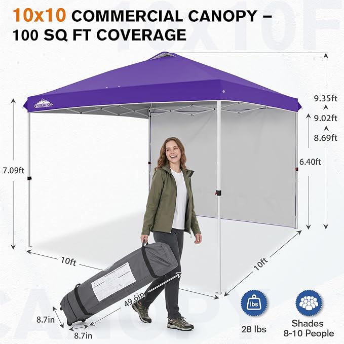 EAGLE PEAK Commercial Canopy 10x10 Pop Up Canopy Tent with 1 Sidewall, Easy Setup Heavy Duty Instant Event Shelter for Vendors & Markets, Outdoor Sun Shade, Purple