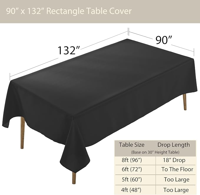 Rectangle Tablecloth - 5 Pack, 90x132 Inch Black, Washable Polyester for Home, Party, Wedding or Restaurant