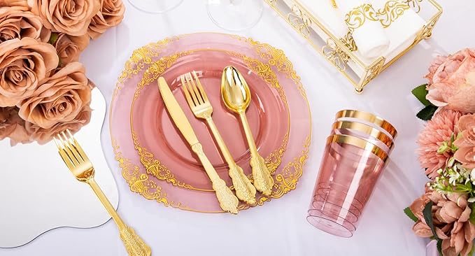 Hioasis 175pcs Burgundy and Gold Plates - Burgundy Party Plates for 25 Guest, Include 50 Heavy-duty Plates(20% Thicker Than Standard), 75 Cutlery Set, 25 Napkin, 25 Cups