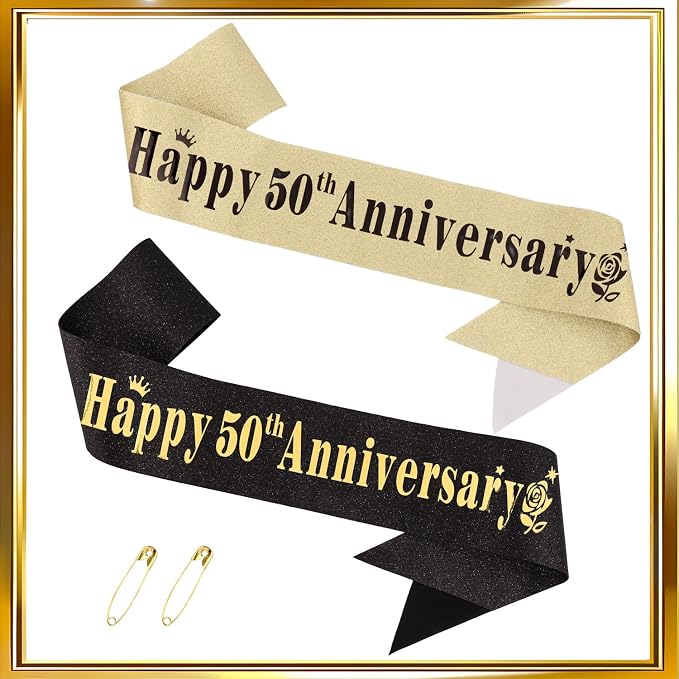 50th Anniversary Decorations Gold Crown and Glitter Sash Set 50th Wedding Anniversary Decorations Gifts for Couple Happy Anniversary Party Supplies for Couple