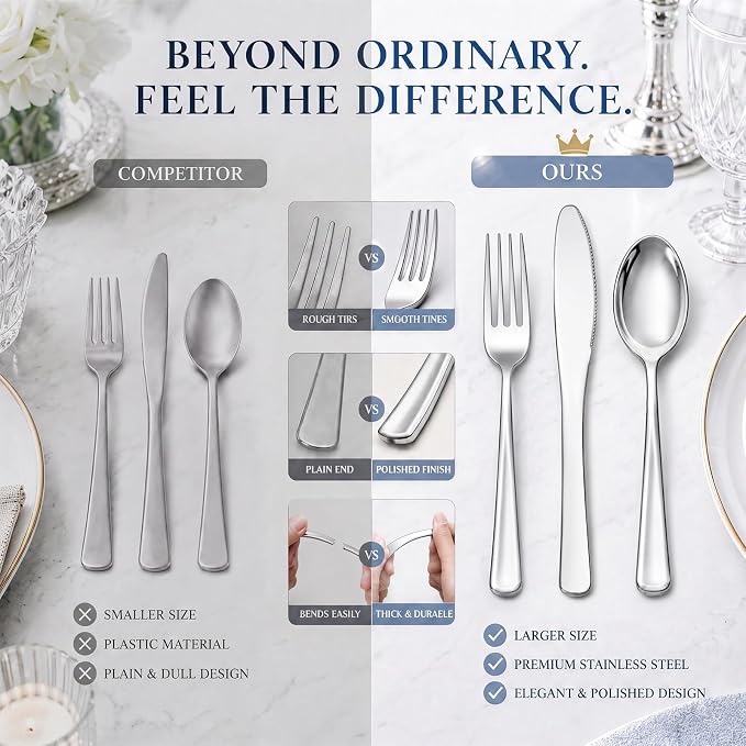 WDF 180 Pieces Silver Plastic Silverware - Silver Plastic Cutlery - Fancy Plastic Silverware Heavy Duty - 60 Forks 60 Knives 60 Spoons - Disposable Plastic Utensils Perfect for Party Wedding