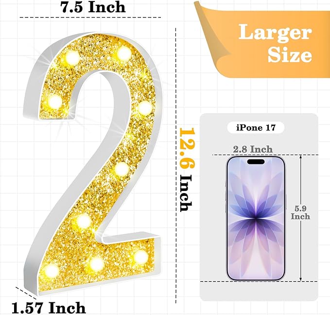 12.6 Inch LED Gold Marquee Light Up Numbers, 2nd Birthday Decorations Number Lights as Gifts for Girls Boys, Glitter Lighted Marquee Numbers for Golden Anniversary Party Table Decor, 2
