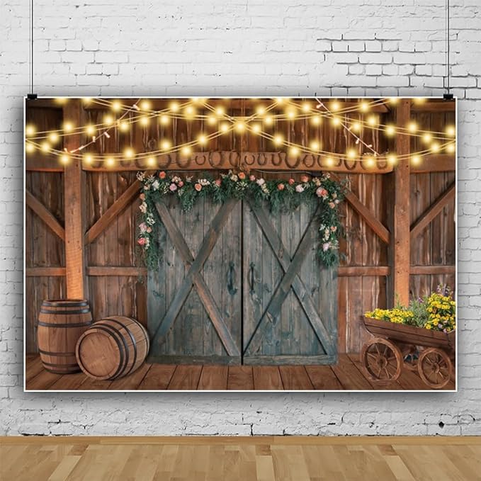 Leowefowa Western Wedding Backdrop 15x10ft Rustic Floral Barn Door Light Strings Barrels Photography Background Bridal Shower Photo Booth Props Cowboy Western Themed Party Decorations Banner Vinyl