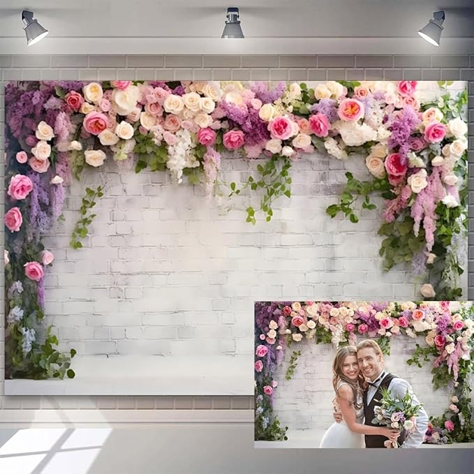 5x3ft Retro White Brick Wall Floral Backdrop Romantic Roses Vine Leaves Photography Background Girls Birthday Party Wedding Bridal Shower Flowers Brick Wall Decoration Supplies Photo Booth Props