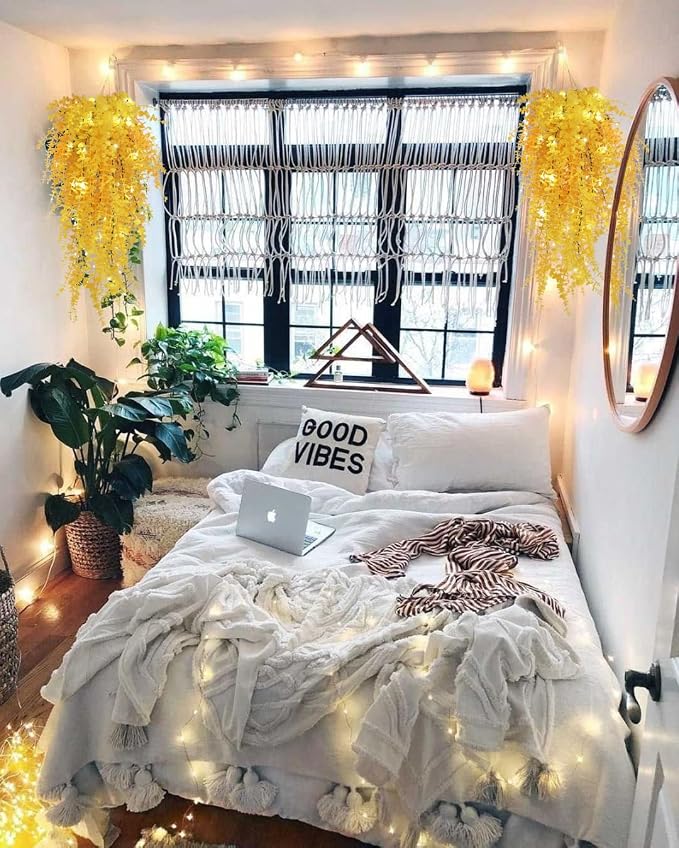 RECUTMS 3Pcs Fake Hanging Plants Outdoor Artificial Grass Vines with Lights | Draping Eucalyptus Greenery Faux Yellow Monkey Plants for Indoor Home Room Wall Garden Proch Wedding Backyard Arch Decoration