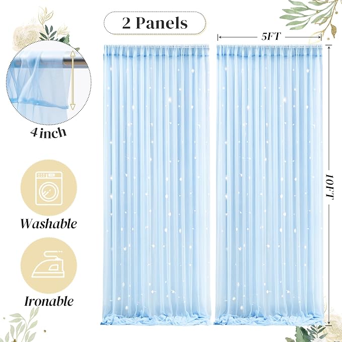 10ft x 10ft Blue Backdrop Curtain with Lights String for Parties, Sheer Tulle Wedding Photo Backdrops Drapes for Baby Shower Birthday Party Decorations Background for Photography