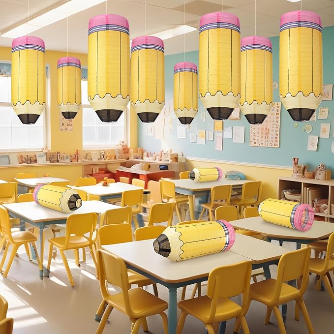 Retisee 12 Pcs Back to School Classroom Decoration Crayon Hanging Paper Lanterns Kindergarten Preschool Art Classroom Ceiling Decor, First Day of School Birthday Supplies