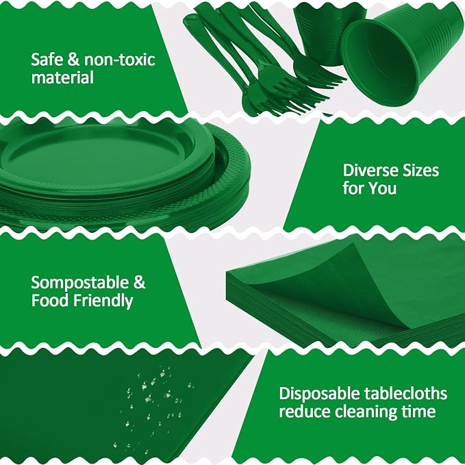 Green Plastic Plates for Party,50 Guest - 7&9inch Plates,Napkins,Forks,Cups & Tablecloths,Disposable Party Supplies for Birthday,Picnic,Christmas,Summer Activities