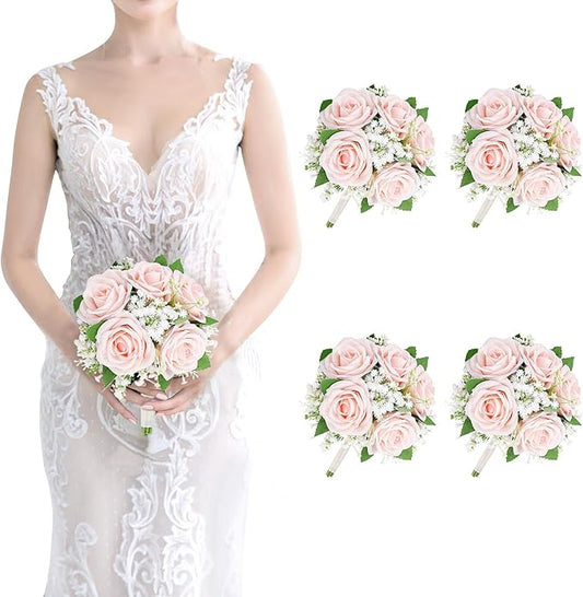 Set of 4 Wedding Bridesmaid Bouquet -7 Inch Artificial Rose & Babys Breath Bouquets for Bridesmaid, Pre-Made Wedding Silk Flowers Bouquet, Small Bridesmaids Bouquet Sets -Peach Pink