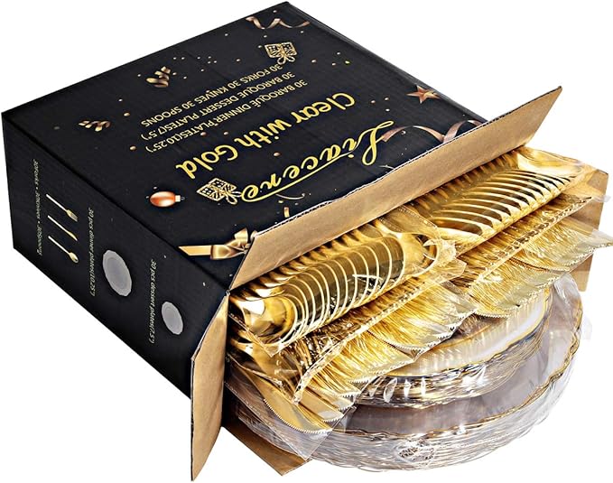 Liacere 150PCS Clear Gold Plastic Plates - Disposable Plastic Silverware with Glitter Bamboo Handle Cutlery-Baroque Clear Gold Disposable Plates for Wedding & Party & Mother's Day