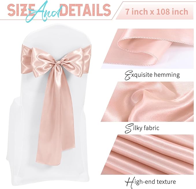 60 PCS Rose Gold Satin Chair Sashes, Ties Bows Designed Chairs Decorative, Chair Cover Sashes for Thanksgiving Wedding Christmas Banquet Party Home Kitchen Decoration (7 x 108 inch)