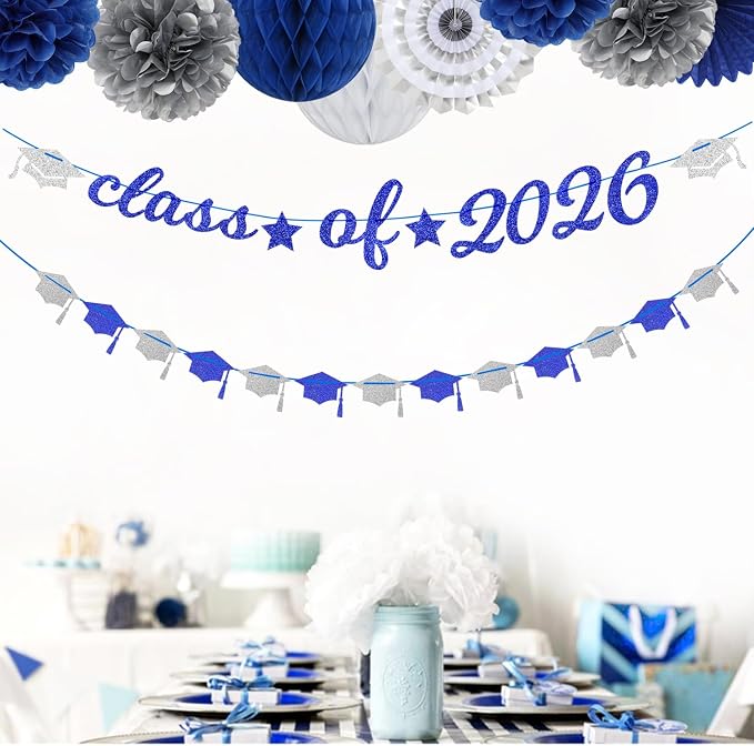 Navy-Blue White-Silver Party-Decoration Graduation Banner - 14pcs Kits Cap Garland Streamers, Royal Paper Tissue Pom Poms Flowers Fans Honeycomb,Class Of 2026 College High School Grad Decor Hugfond