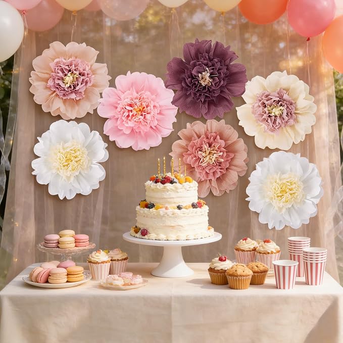SUNBEAUTY 6 Pcs Large Boho Tissue Paper Flowers 12'' Giant Crepe Paper Flowers Decorations for Birthday Mexican Fiesta Spring Wedding Flower Backdrop Baby Bridal Shower Carnival Party Wall Decor