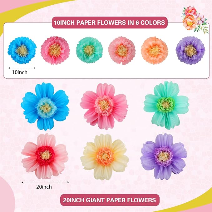 Crowye 24 Pcs Large Colorful Tissue Paper Flowers Decorations Giant Fiesta Craft Crepe Paper Flowers for Wall Decor Backdrop Mexican Wedding Birthday Carnival Party (10'' 20'',Colorful)