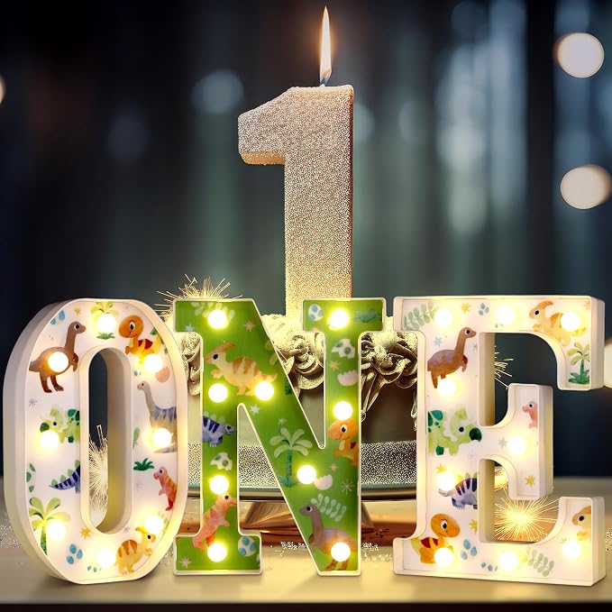 Tujoe One a Saurus Birthday Decorations Dinosaur 1st Birthday Decorations for Boy or Girl 8.5 Inch LED Light up Letters for Centerpieces Table or Backdrop 1 Year Old Party Supplies