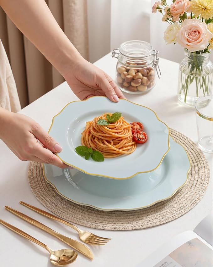 bUCLA 180PCS Green Plastic Plates - Disposable Sage Green with Gold Rim - Include 30 (Dinner & Dessert) Plates, 30 Knives, 30 Forks, 30 Spoons and 30 Cups for Party, Spring & Shower