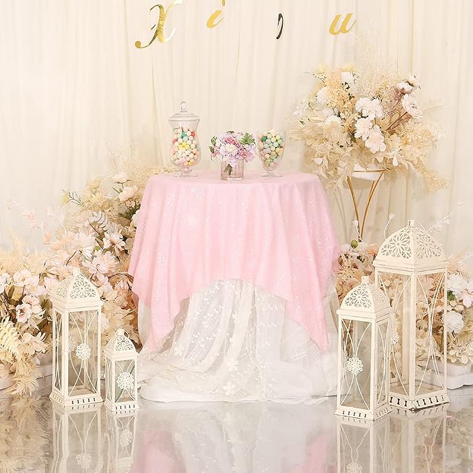 Eternal Beauty Sequin Tablecloth, 50x50 Inch Pink Square Glitter Table Cover for Mother's Day Cake Dessert Exhibition Party Birthday Events