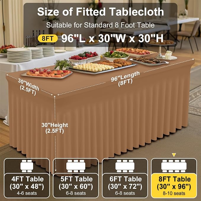 Smiry Spandex Tablecloth, Elastic Fitted Stretch Tablecloth for 8FT Rectangle Tables, Waterproof Washable Table Cover Skirt for Outdoor, Wedding, Banquet & Parties (Khaki, 96Lx30Wx30H Inch)